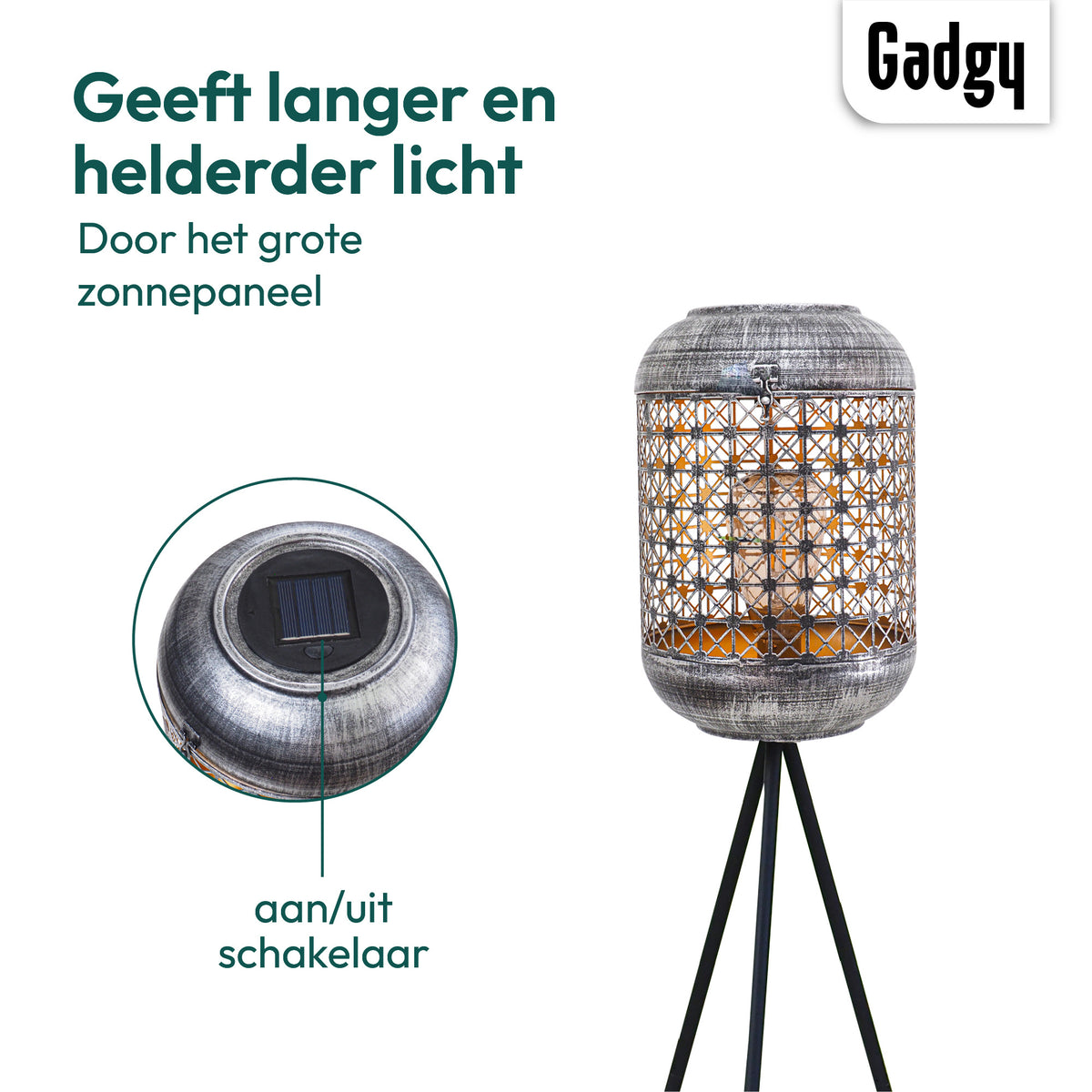 Gadgy Solar Tuinverlichting Staande Lamp Terras - Buitenlamp Zonne Energie Balkon & Tuin - Driepoot Tuinlamp Led Buiten - Tuinverlichting op Zonneenergie - Lantaarn voor Buiten Verlichting - Tuinlampen - Zilver / Zwart / Goud
