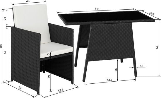 tectake® - wicker zitgroep voor 2 personen, ruimtebesparend buitenmeubilair, 2 fauteuils en 1 tafel, ideale balkonloungeset, tuinmeubelen, terrasmeubilair weerbestendig - zwart - poly-rattan