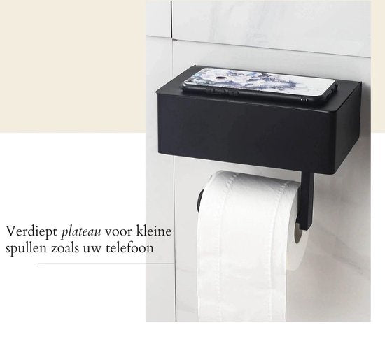 WC Rolhouder - Toiletrolhouder - Zwart - RVS - Zonder boren - Met Plankje & Bakje - Inclusief montagemateriaal - Toilet accessoires - EJC Products