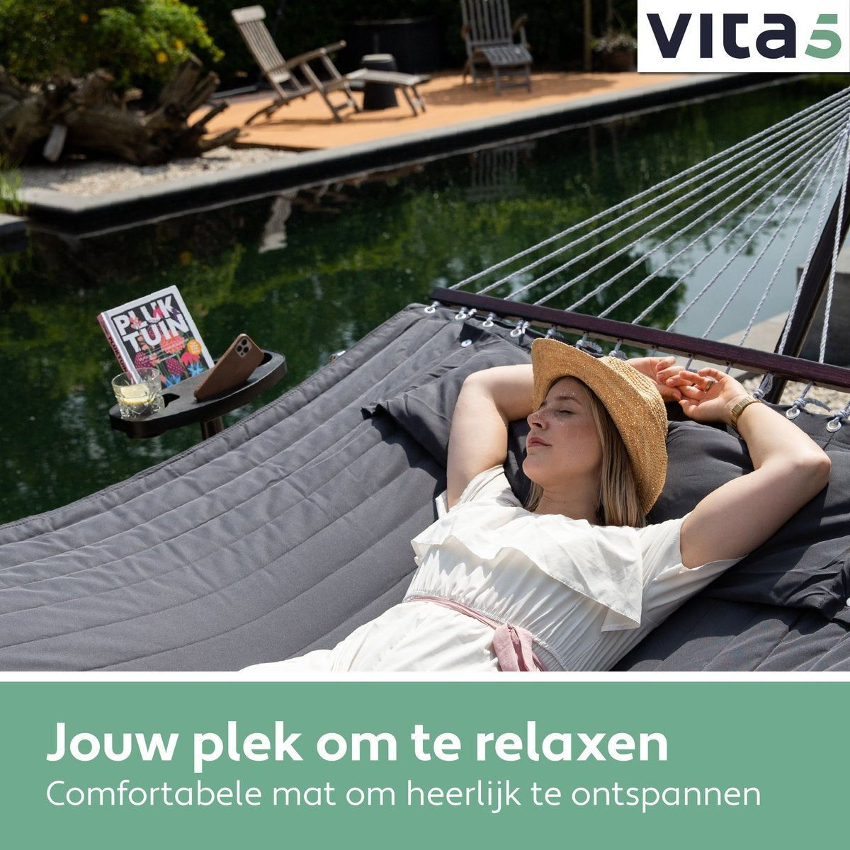 Vita5 Hangmat met Standaard en Spreidstok – 2 Persoons – incl. Bekerhouder - Afneembaar kussen – uv-bestendig – Donkergrijs