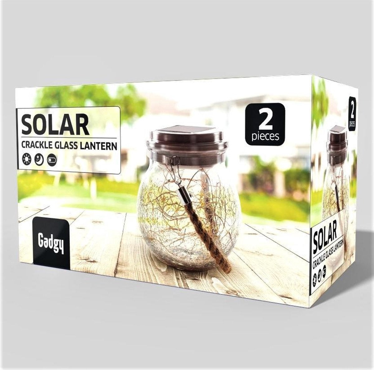 Gadgy Solar Lantaarn Craquelé Glas met 20 fairy lights - Tafellamp Set van 2 - Solar tuinverlichting op zonneenergie - Led buitenverlichting met dag/nacht sensor - Hanglamp - Tuinlantaarn - 13.5 x Ø12CM