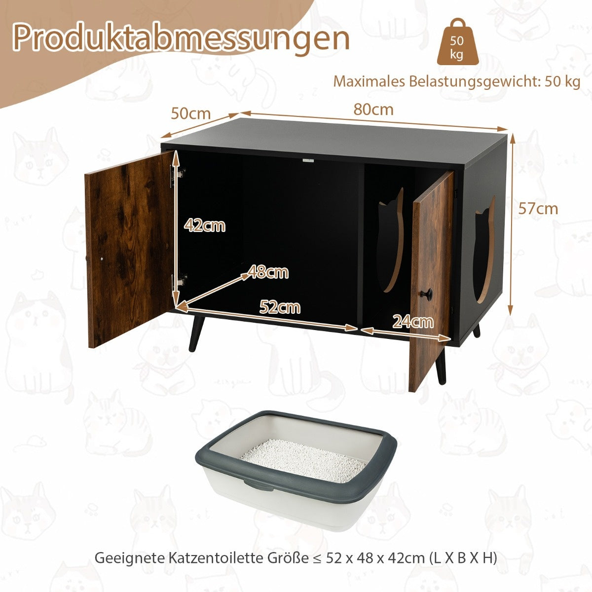 Coast Cat Cabinet Cat Toilet Cat House met dubbele deuren en ingang 80 x 50 x 57 cm zwart + Natuur