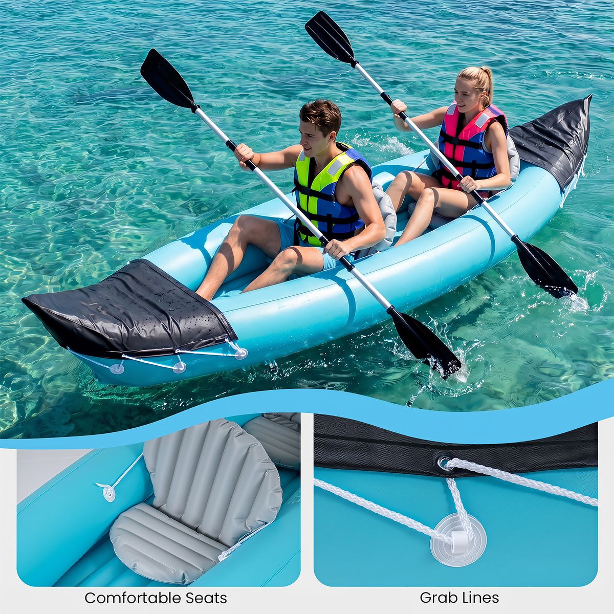 Coast Opblaasbaar Kajakset voor 2 Personen - Met Peddels en Voetpomp - Blauw - 321 x 92 x 45 cm