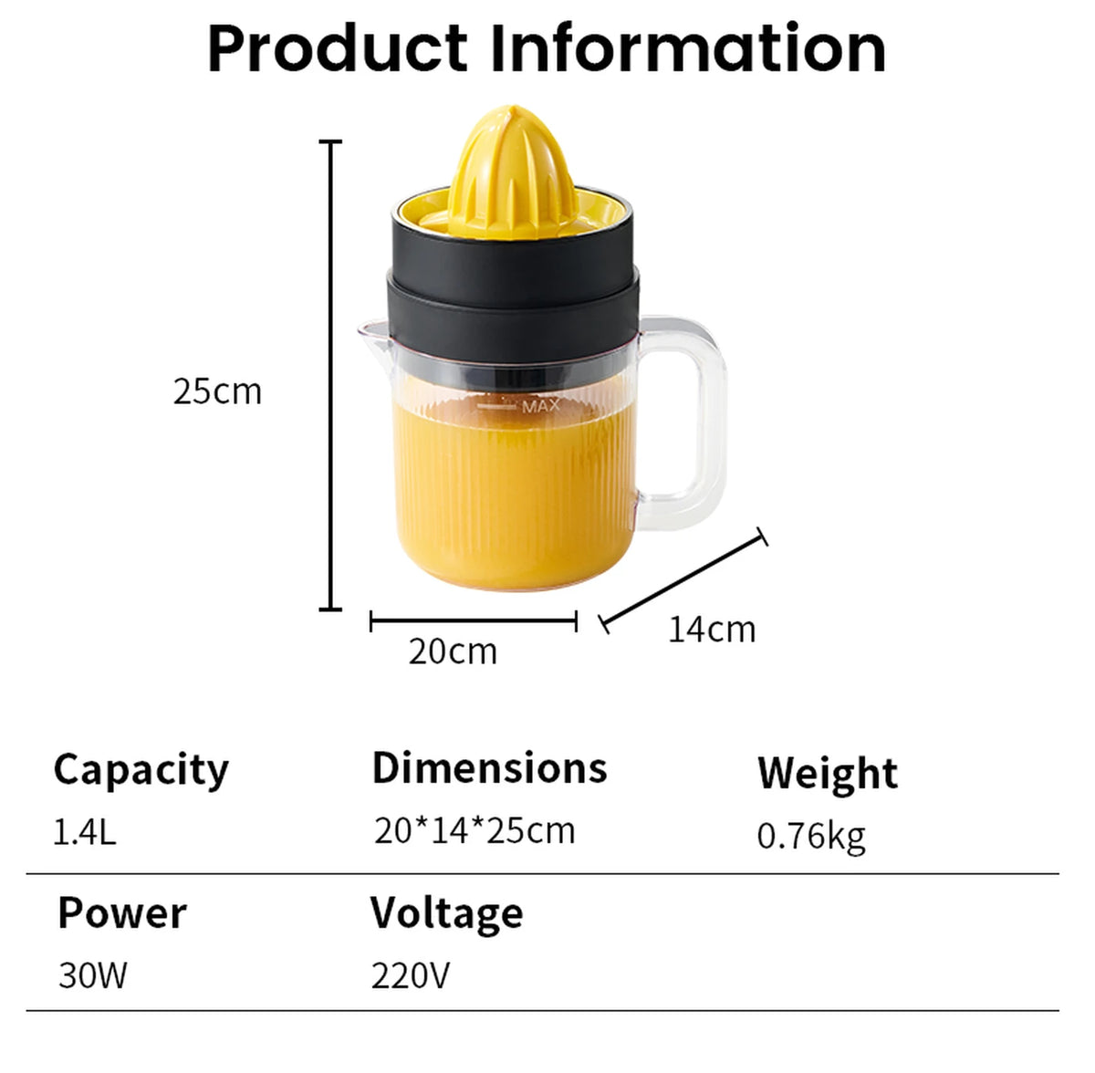 Ochama Elektrische Citruspers - 19 x 19 x 21,5 cm - 1,4L, 30W, Pulpscheiding
