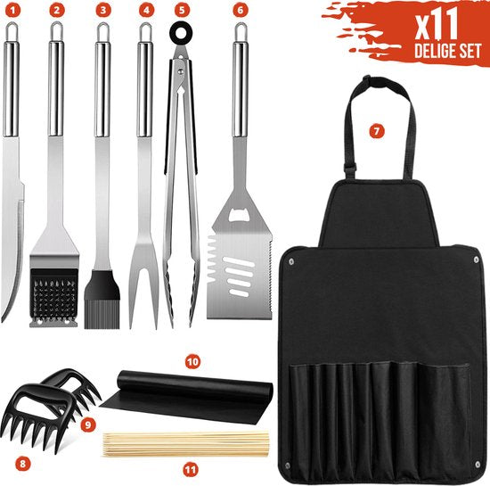 Squago BBQ accessoires XXL Set met Schort - Gereedschap - Gereedschapset Tang Borstel Mat