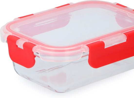 Alpina Vershouddoos – 390 ml – Borosilicaatglas – Vriezer, Magnetron, Oven & Vaatwasserbestendig – 15,5 x 11,5 x 5,5 cm – Transparant/Rood