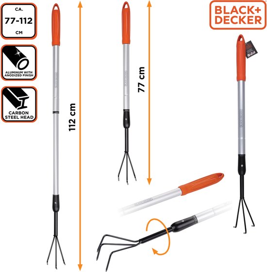 BLACK+DECKER Cultivator - Telescopische Steel 77 - 112 CM - 3 Tanden - Aluminium/ Koolstofstaal