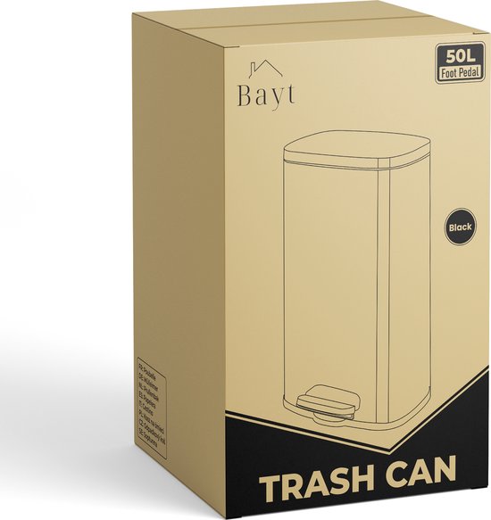 Bayt Prullenbak - Pedaalemmer 50 Liter - Prullenbak 50 Liter - Vuilnisbak 50 Liter - Prullenbak Afvalscheiding - Afvalbak - RVS - Zwart