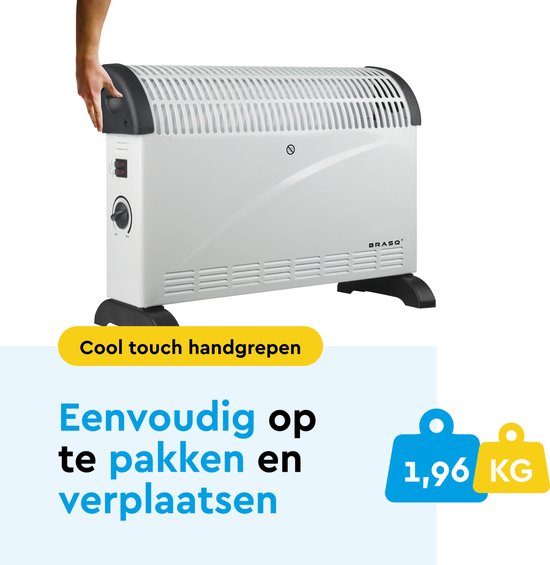 BRASQ Elektrische Convectorkachel - Elektrische Kachel - Compact en Geruisloos - Verstelbare thermostaat 750/1250/2000 watt - Verwarming wit - CH300