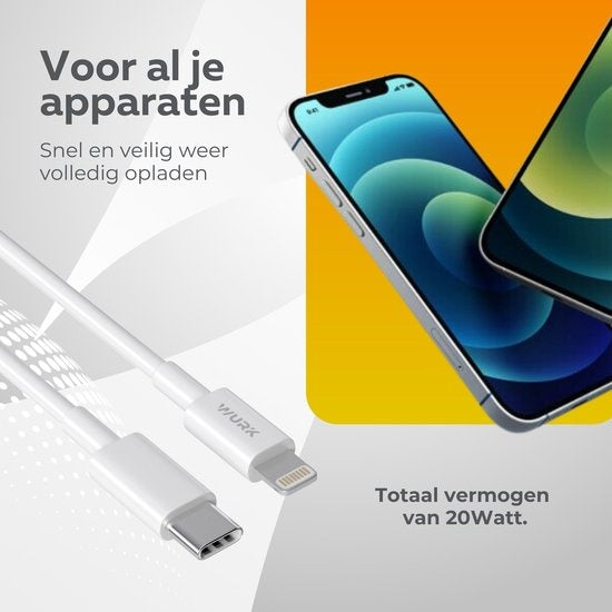 Wurk - Oplader - Geschikt voor iPhone en iPad - 20W Snellader - Oplaadkabel van 1M - Ook Geschikt Voor Oudere iPhones