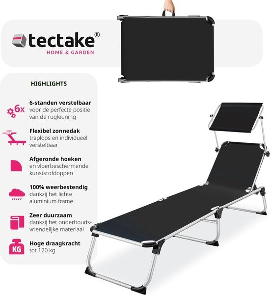 tectake® - Ligstoel ligbed zonnebed Aurelie - incl. verstelbaar zonnedak - zwart