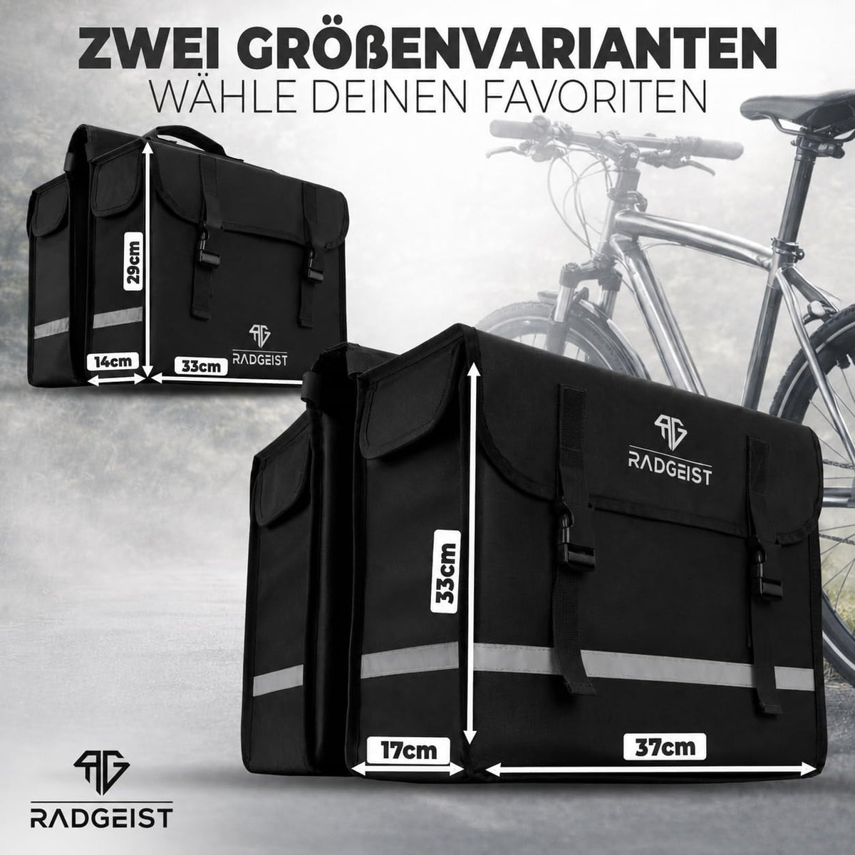 RADGEIST fietstas voor bagagedrager I 100% waterdichte fietstas & schoudertas 20L I zijtas fiets met reflectoren set (Mint)