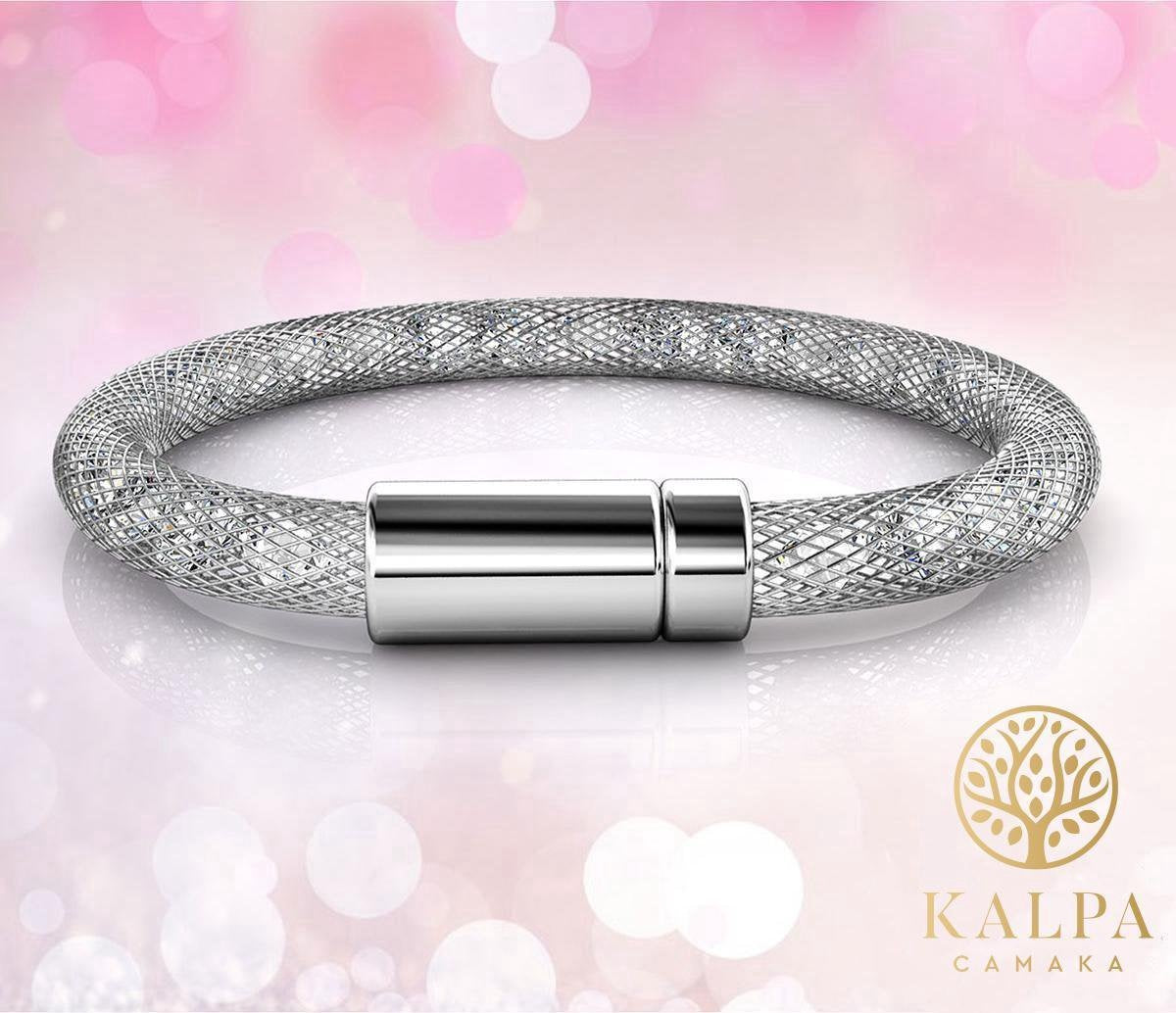 Yolora Dames Mesh Armband - Kalpa Camaka Kristallen - Zilverkleurig - Vrouwen Armband Zilver - Sieraden - Luxe Giftbox - Geschenkdoos - Cadeau doos - Exclusieve Geschenkverpakking - Mooie Cadeauverpakking
