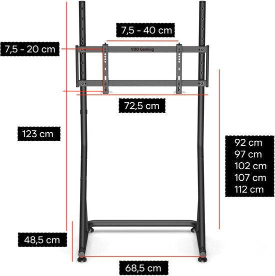 VDD Gaming - Monitor standaard - Monitorstandaard voor Sim racing - Universeel - 32" t/m 55" - Vrijstaand - Verstelbaar - Vergrendelbaar - 72 x 48 x 123 cm - 50 kg - Zwart