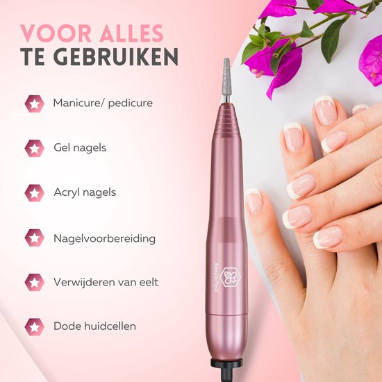 Beeperfect® Elektrische Nagelvijl - Nagelfrees - Manicure en Pedicure set - 12 Bitjes en 60 Schuurrolletjes - 4 Extra accessoires - Roze