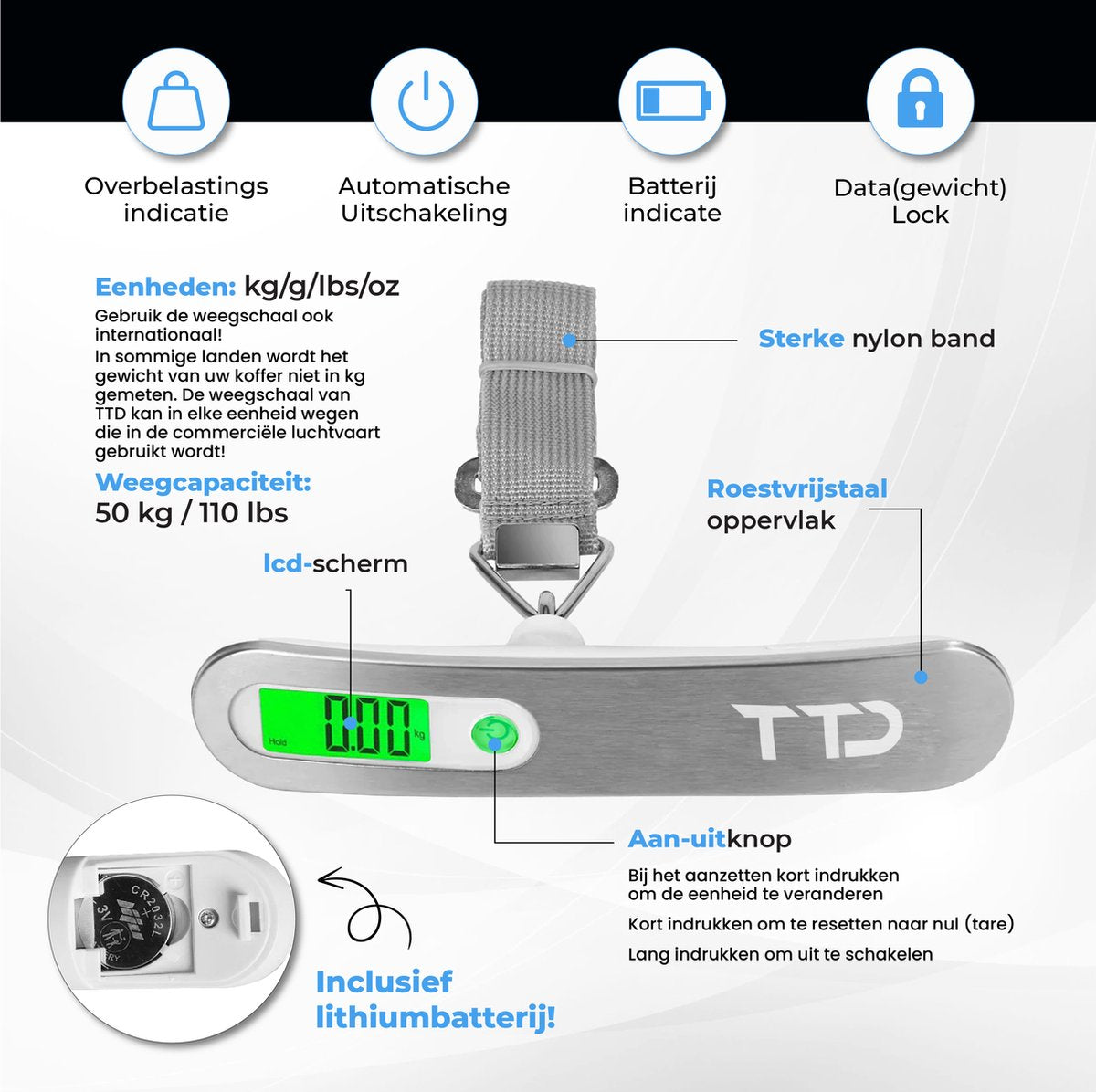 TTD® Kofferweegschaal met Verlicht Scherm - Weegcapaciteit 50 kg - Bagageweegschaal - Bagageweger - Hangweegschaal - Digitale Bagageweegschaal - Kofferweger - Reizen met Vliegtuig - kg/g/lbs/oz - Inclusief Batterijen - Wit