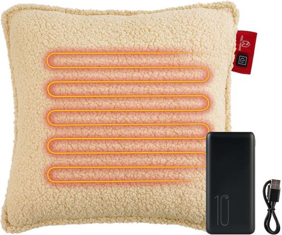 Feel Home - Verwarmend Kussen - Teddy - Gebroken wit 45x45cm - met 10000mAh Power bank