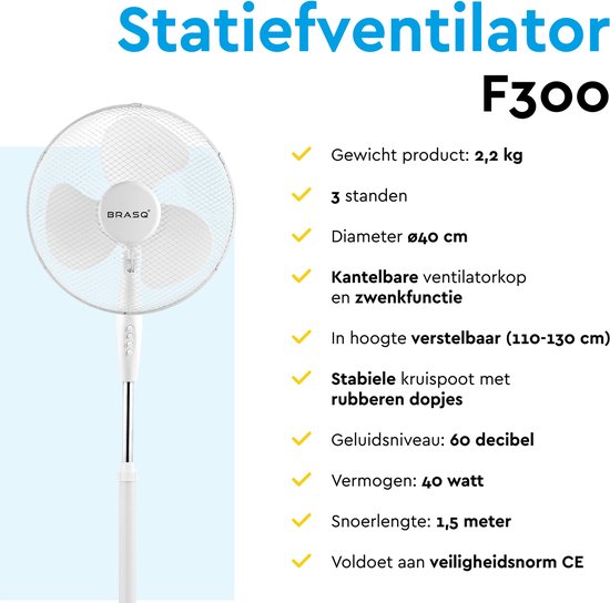 BRASQ Statiefventilator – 40 cm – Wit - In hoogte verstelbaar – 3 snelheden - 40 Watt