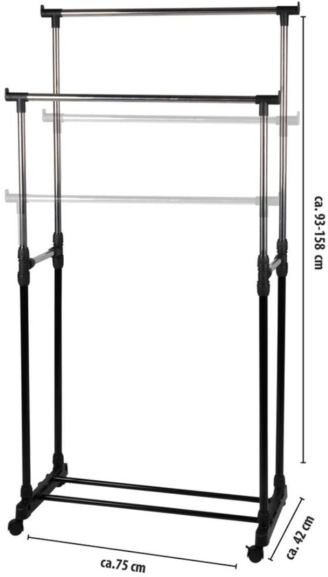 alpina Mobiel Kledingrek - Garderoberek 75 x 42 x 93-158cm - Kleding Rek Hoogte Verstelbaar - Met Schoenenrek - Zilver/ Zwart