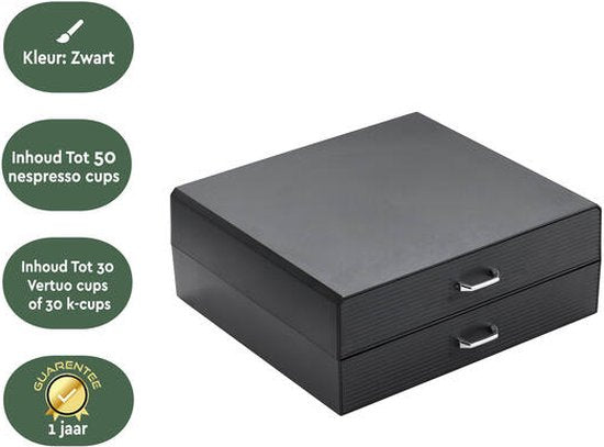 BRASQ Capsulehouder voor Nespresso cups - voor Dolce Gusto cups - Tot 50 cups - Koffiecups houder Zwart - Opbergbox met 2-lades - Vertuo - K-cup