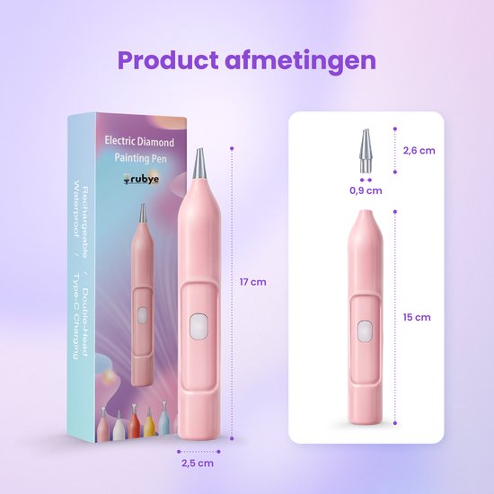 Rubye® – Elektrische Diamant Schilder Pen – Met Vacuümtechniek – Oplaadbaar via USB-C – Comfortabel in Gebruik – Voor Ronde en Vierkante Steentjes – Roze