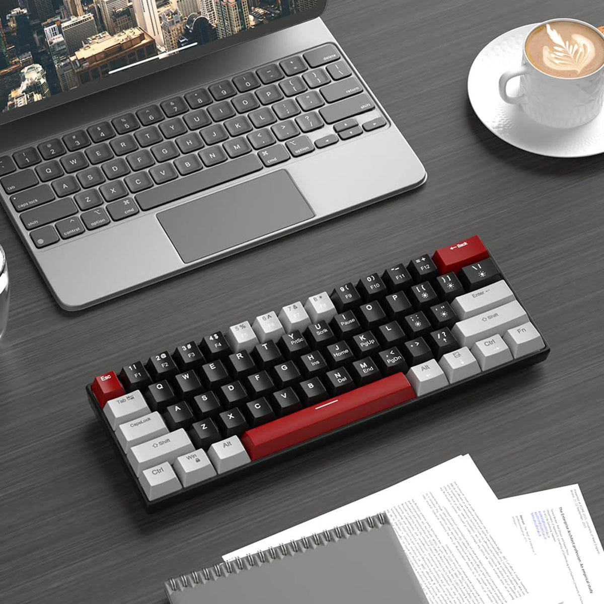 MageGee STAR 61 Mechanisch Gamingtoetsenbord - 60% - 61 Toetsen - Blauwe LED-verlichting - Rode Switches - USB-C - Grijs/Zwart/Rood