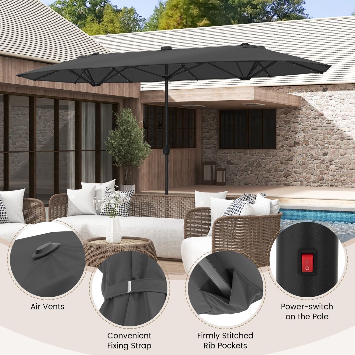 Coast Dubbele Tuinparasol met LED op Zonne-Energie - 400 x 200 cm - Grijs
