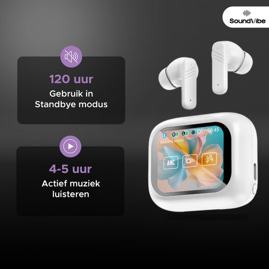 SoundVibe® - Earbuds Draadloos Met Noice Cancelling - Wit - Bluetooth Oordopjes - Noice Cancelling Hoofdtelefoon - LX-10 Earpods met Scherm - Werkt Met Apple En Android - Earpods USB C - Wireless Earphons - Oortjes Draadloos