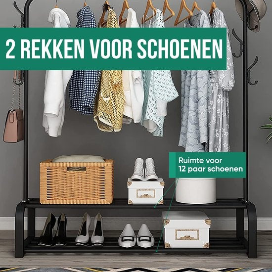 Avalo Industrieel Kledingrek - Metaal - 110x33x150 CM - Zwart - Opbergruimte Voor Schoenen - Garderoberek Met Haken