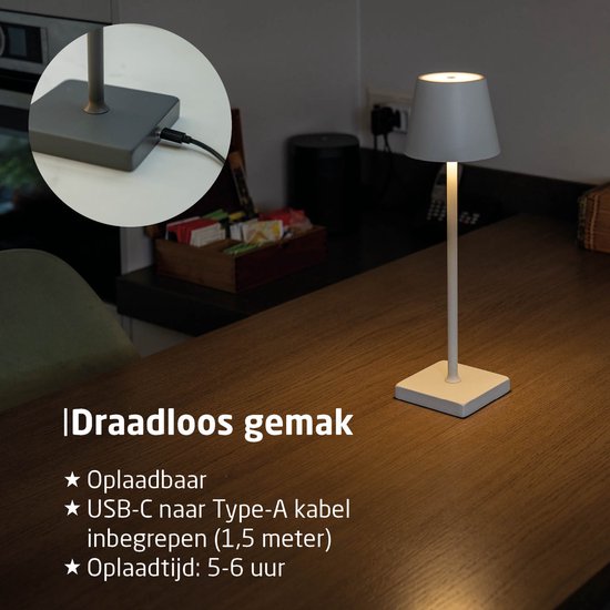 BREND BR-2228 Draadloze Tafellamp voor Binnen en Buiten – Decoratieve en Dimbare Lamp – Oplaadbare Verlichting met 3 Lichtstanden – IP44 – Goud