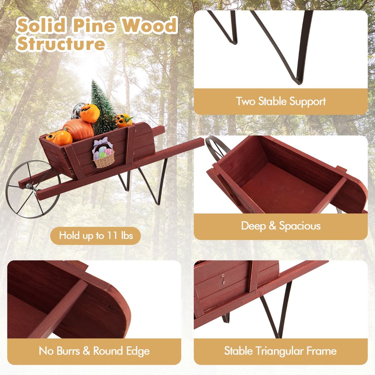 Coast Decoratieve Plantenbak - Houten Kruiwagen Design Inclusief Accessoires - Dennenhout - 69,5 x 26 x 29,5 cm - Rood