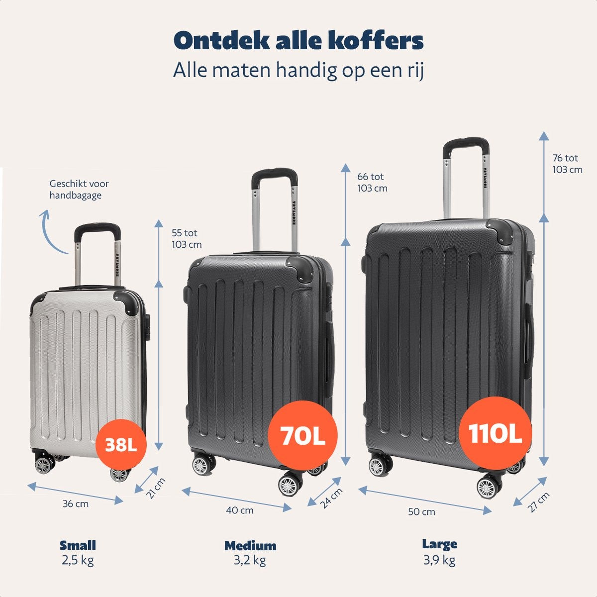 TRVLMORE Handbagage Koffer met Wielen - Cijferslot - 54x36x20cm - 38L - Champagne