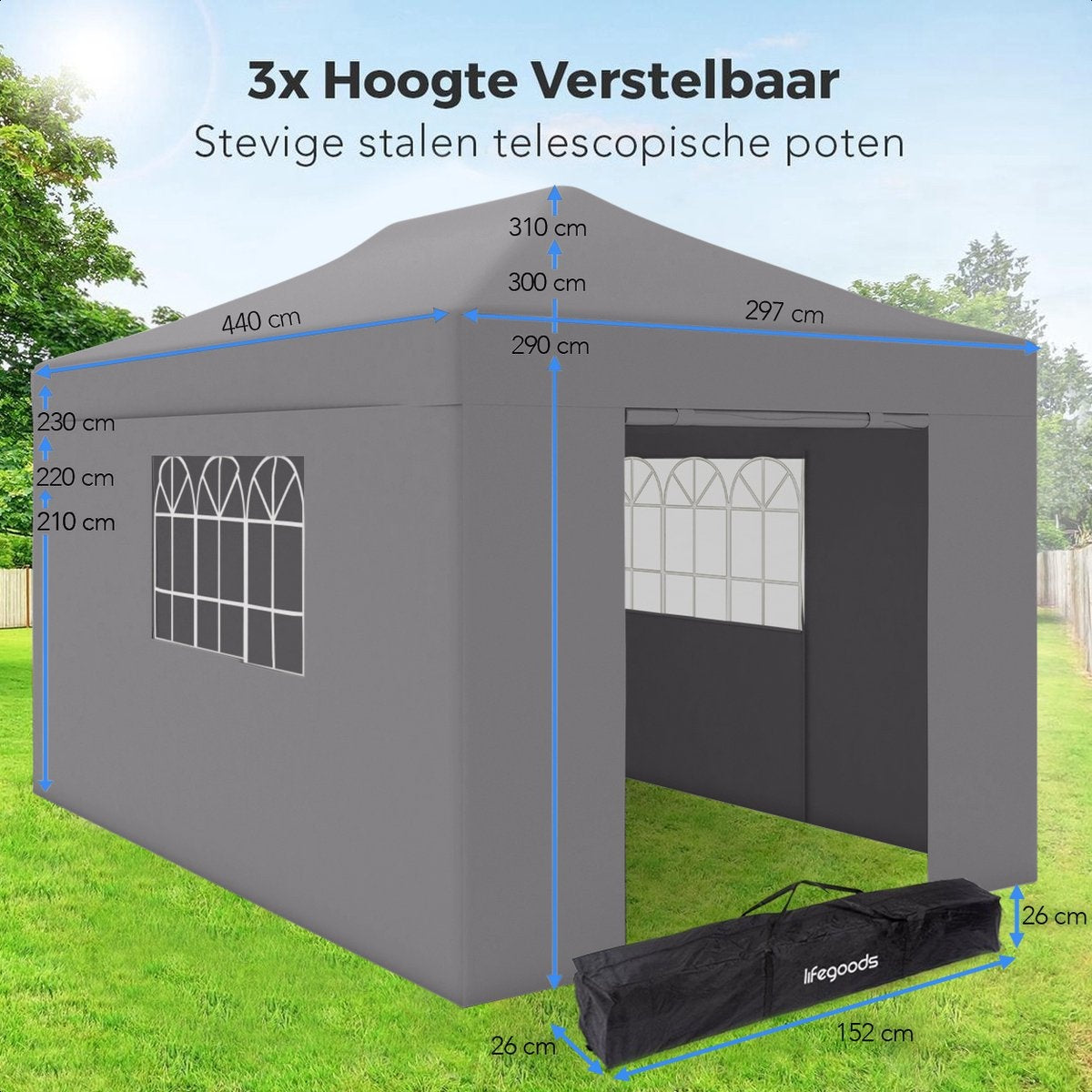 LifeGoods Partytent - Paviljoen - EasyUp - Opvouwbaar - Waterdicht - Met Draagtas met wieltjes - 440 x 297 cm - Donkergrijs