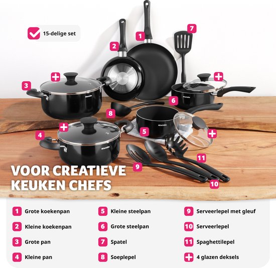 tectake® Pannenset 15-delig - Aluminium met glazen deksels - Inclusief keukengerei - Zwart