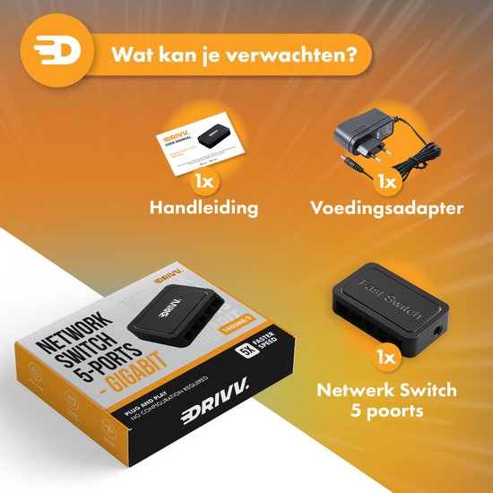 Drivv. Netwerk Switch - Tot 1000Mbps - 5 Poorten - Internet Switch - RJ45 splitter - zwart
