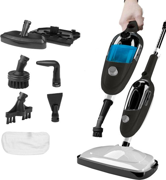 URGOODS Stoomreiniger – Incl. Opzetstukken & Microvezeldoeken – 1300 W – 20 x 45 x 180 cm – Zwart
