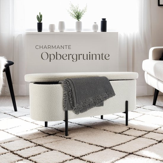 tectake® Zitbank met opbergruimte - Gestoffeerde opbergbox - Zitkist met opbergruimte, gestoffeerd - Bouclé-stof in Scandi-stijl - 97x36x42cm - cremewit