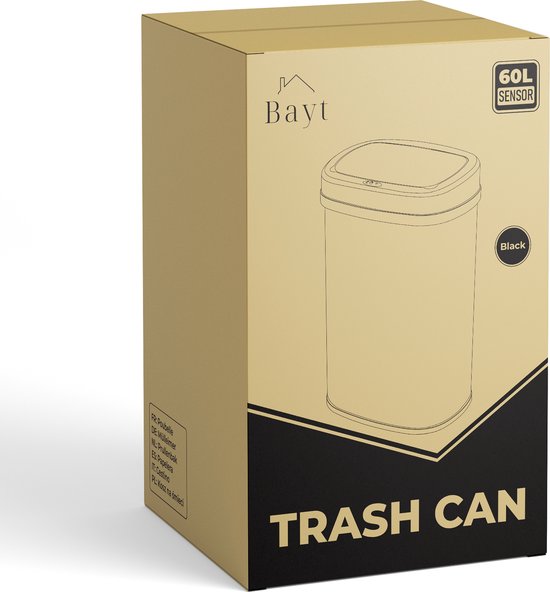 Bayt Prullenbak - Prullenbak 60 Liter - Prullenbak met Sensor - Vuilnisbak - Afvalbak - Metaal - Zwart