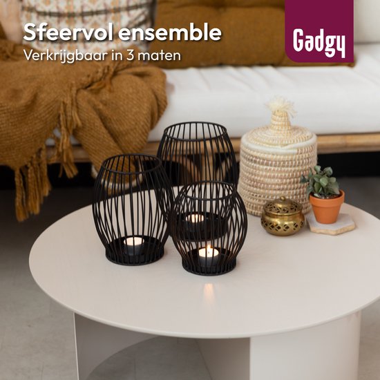 Gadgy Waxinelichthouder Rond - Theelichthouder Klein - Decoratie Woonkamer - Sfeerverlichting Binnen - Kaarsenhouders voor Waxinelichten 14.5x15 cm - Windlicht Metaal - Zwart - Cadeau voor Vrouw