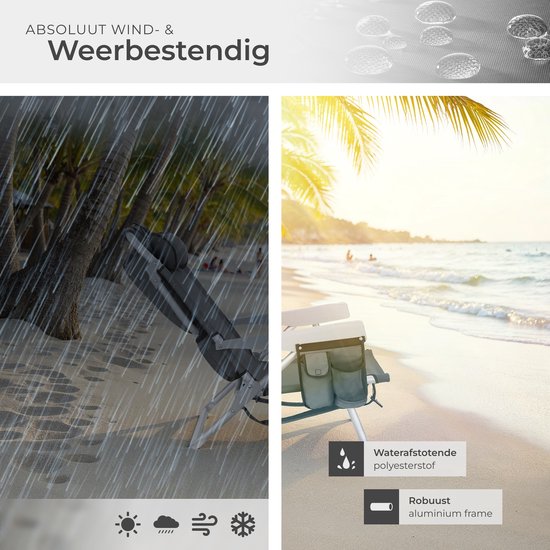 tectake® Strandstoel Coral - Opvouwbare Campingstoel met Koeltas en Opbergtas - 5-voudig Verstelbare Rugleuning met Hoofdkussen - Brede Armleuningen met Bekerhouder / Telefoonhouder - Inklapbare Kampeerstoel - Grijs