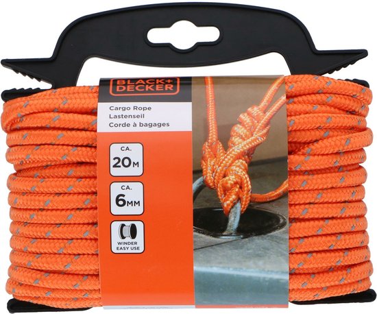 BLACK+DECKER Spanband met Oproller - Sjorband 20 Meter - 6MM - Nylon - Oranje