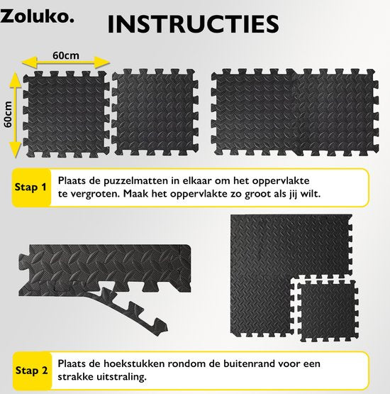 Zoluko Puzzelmat - 60x60x1.2 cm - 12 stuks - 4.32m² - Puzzel Mat - Puzzelmatten - Speelmat Foam - Baby speelmat - Foam Tegels - Rubber Tegels - zwembad tegels - zwembadtegels - Vloertegels - fitnessmat - fitness mat - Yoga Mat - Thuis Sporten – Zwart