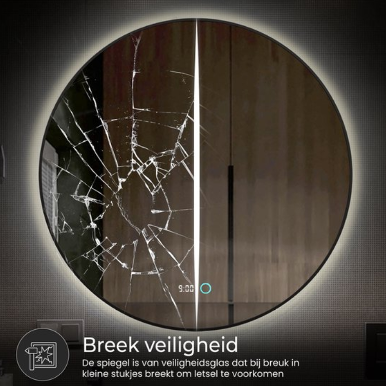 Lumoire Neon 8000 Spiegel met Verlichting - Zwarte Rand - Ø 80 cm - Rond, Anticondens, Klok