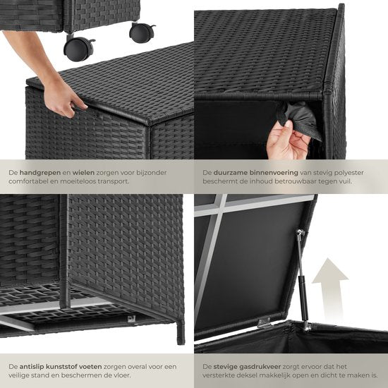 tectake® Wicker opbergbox - Outdoor kussenbox - Uitneembare binnenzak - Weerbestendig en afsluitbaar met deksel - Verrijdbaar - Inclusief 2 handgrepen, 2 wielen met rem en gasveren - Inhoud 297 l - Afmeting (LxBxH) 117 x 54 x 64 cm - Zwart