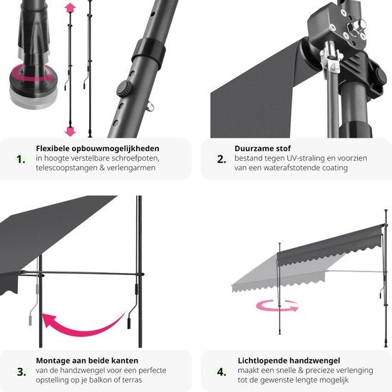 tectake - klemluifel - Zonnescherm – Zonneluifel - Verstelbaar - Klem-zonwering - Zonnescherm Balkon - 350 x 180 cm - zwartgrijs – zonwering - 404968