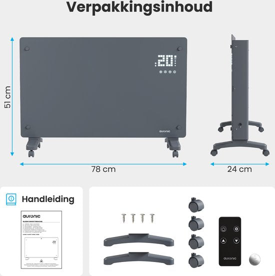Auronic Elektrische Kachel – Convectorkachel met Thermostaat en Afstandsbediening - Glazen Paneelverwarming - 2000W Heater - Grijs