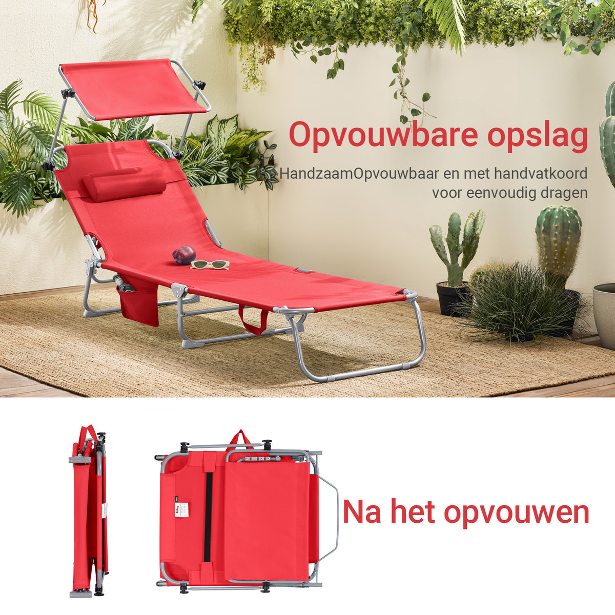 SoBuy Ligstoel Rood – Opvouwbare Tuinligstoel met Verstelbare Luifel en 4 Ligposities – 86 x 40 cm Ingeklapt