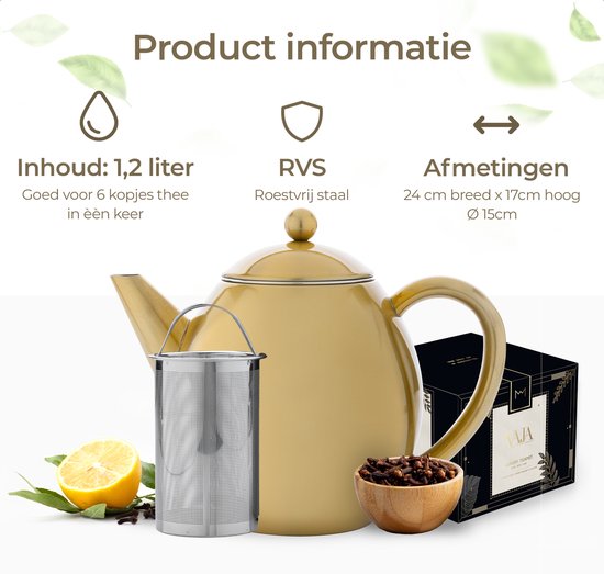Vaja® Theepot Valerie Goud - Dubbelwandig - 1.2 Liter - RVS Theekan met Filter & Warmhouder