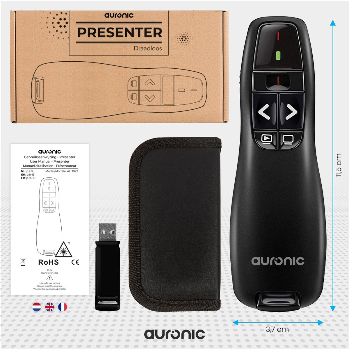Auronic Presenter - Draadloos - Laser Pointer - Klikker - 20 Meter - Incl. Hoes - Zwart