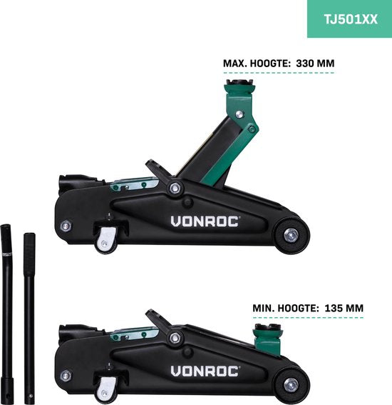 VONROC Autokrik – Garagekrik – 2 ton – Max. 33 cm. – Incl. lange hef hendel